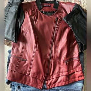 Women's Red and Black Polyurethane Moto Jacket